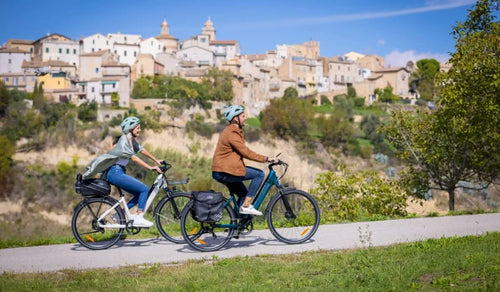 A man and a woman ride uphill on Fiido C11 electric bicycles.