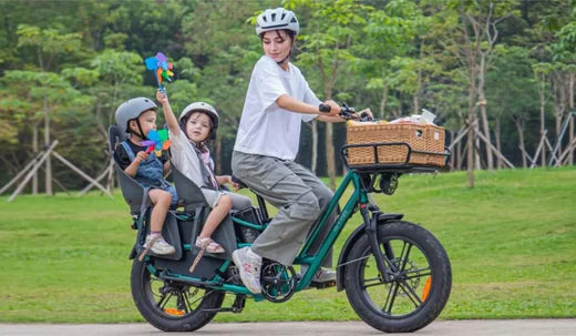 A mother carries her child on a Fiido T2 Longtail Cargo E-bike for a spring trip.