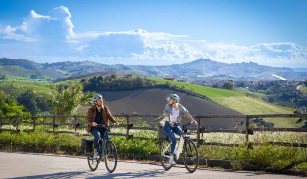 A man and a woman riding Fiido C11 electric bikes on the road