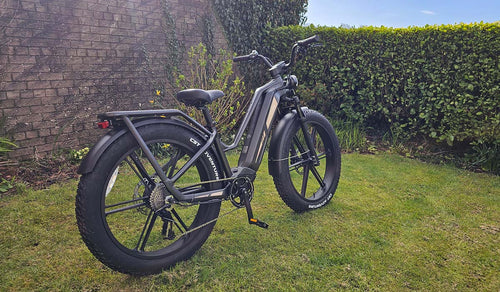 The Fiido Titan off-road electric bike on a lawn, showcasing its robust design.