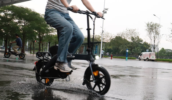 Woman riding a Fiido D3pro electric bicycle across the water