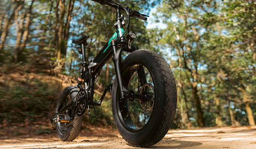 The Fiido M1pro ebike on a forest path, showcasing its off-road capabilities.