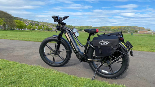 Fiido Titan electric bike and camel bag parked on the roadside