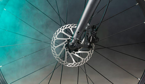 This image showcases the disc brake system of an electric bike