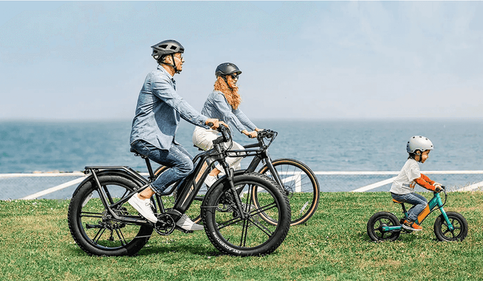 Family out riding on Fiido electric bikes