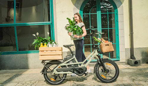 Woman riding a Fiido T3 cargo e-bike for grocery shopping