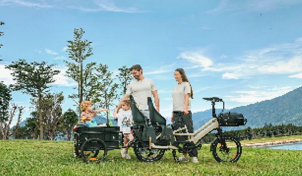 Fiido T3 Max longtail cargo electric bike with family passenger setup and rear cargo trailer outdoor