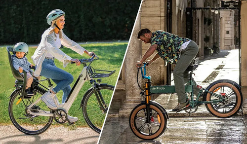 A woman is riding a Fiido C11 electric bicycle with a child as a passenger.