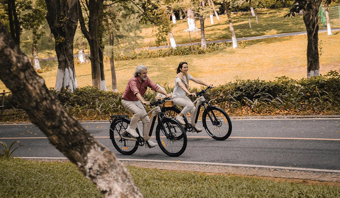 Two riders riding Fiido Nomads Pro touring electric bike on the city road.