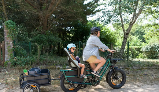 A mother takes her child out on a Fiido T2 longtail electric bike.