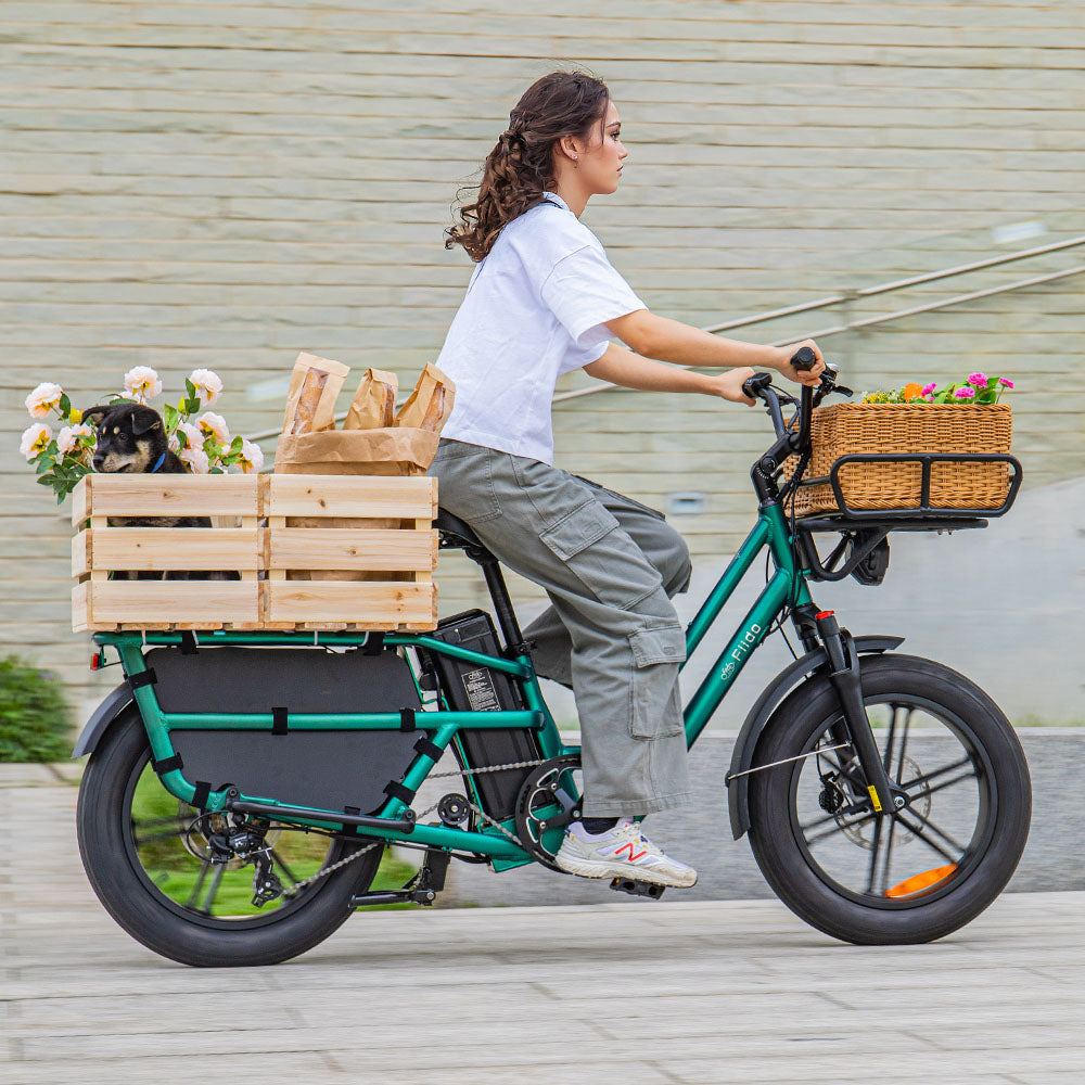 Girl Rides Fiido T2 Long Tail Cargo Electric Bike with Wooden Box