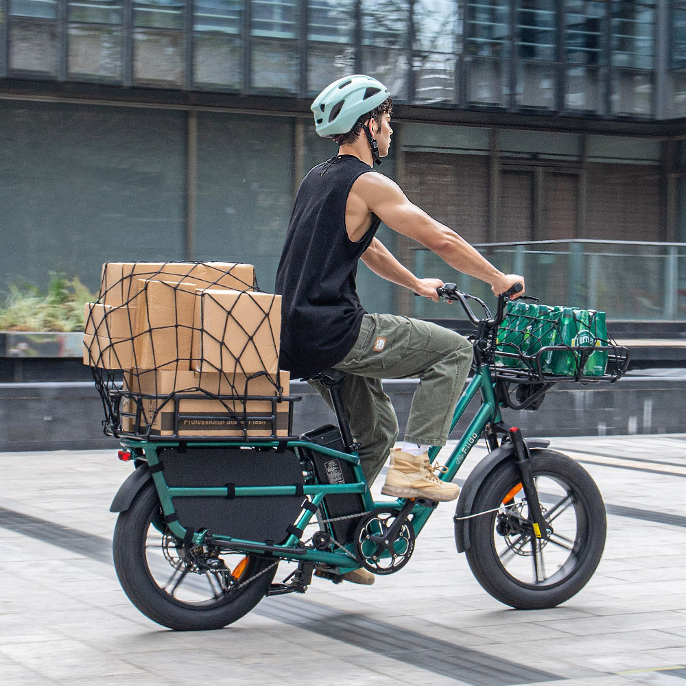 Adults Wear Helmets and Ride Fiido T2 Long-Tail Cargo Electric Bicycles to Carry Cargo